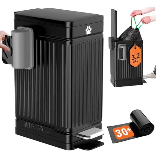 Pupzle Dog Poop Trash Can Outside, 3.2 Gal Metal Dog Waste Trash Can with Lid Outdoor, Waste Container with Pedal Garbage Poop Bin, Poo Bucket Outdoor with Lid for Backyard Odor Control