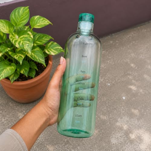 Image of Borosilicate Water Bottles, H2O Fridge Water Bottle with Cap, Leak proof & Airtight Lid, Water Bottle for Office, School, College - 1000ml Bottles with Time Marker (Green)