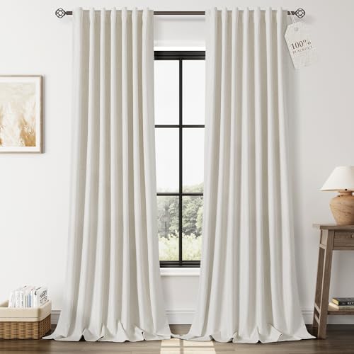 Image of Nanspring Cream 100% Blackout Linen Curtains 84 Inch Length 2 Panels Set for Bedroom Back Tab Light Blocking Black Out Curtain Modern Farmhouse Decor Neutral Luxury Drapes for Living Room 52x84
