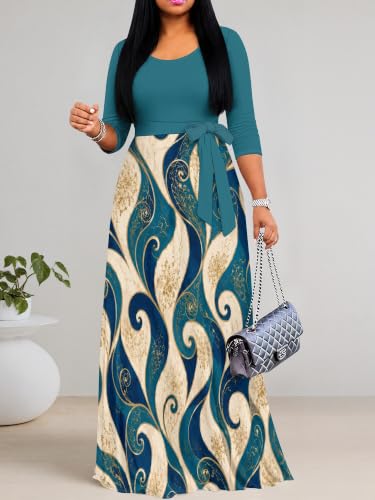 Image of PinkPatty Plus Size Maxi Dress for Women Casual V Neck 3 /4 Sleeve Boho Printed Long Dress with Pockets