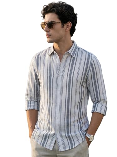 Image of Urbano Fashion Men's Cotton Full Sleeve Relaxed Fit Linen Striped Shirt with Spread Collar