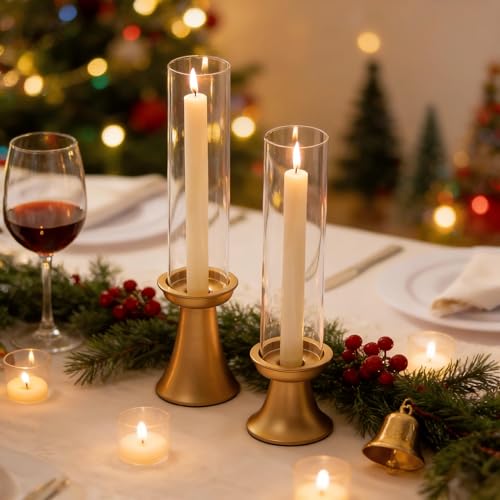 NUPTIO Huracán Candelabro Candelabro de Oro: 2 Piezas de Vidrio de Alto Palos de Vela Titulares de Vela Cónica Boda Centros De Mesa para Mesas De Comedor Mantel De Navidad Decoración del Hogar