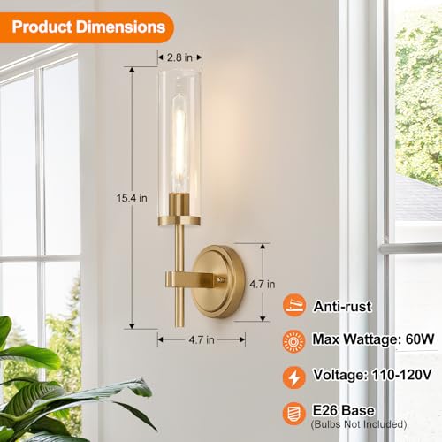 Image of MOKATNG Hardwired Wall Sconces, Brushed Gold Bathroom Sconces with Clear Glass, Modern Wall Light Fixtures for Bathroom Mirror Vanity, Living Room, Bedroom, Hallway, Stairway, Cabinet, Foyer