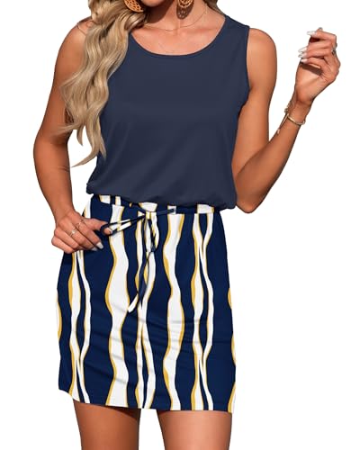 Image of AUSELILY Womens Summer Dress Casual Sleeveless Drawstring Short Dresses | Adjustable drawstring waist for a custom fit, plus 2 side pockets-perfect beach-to-street sundress