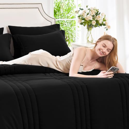 Image of CozyLux Full Size Comforter Sets Black - 7 Pieces Bed in a Bag, Modern Vertical Quilted Room Decor, Soft All-Season Bedding Gift with Comforter, Sheets, Pillowcases & Shams