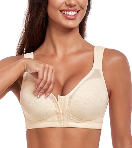 HACI Women's Front Closure Posture Bra Non Padded Everyday Full Coverage Back Support Wireless(Beige,36D)
