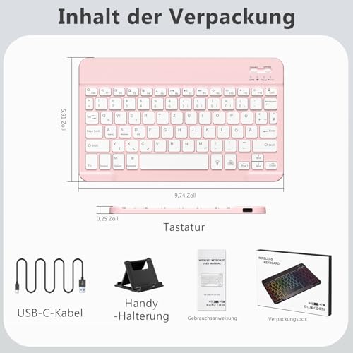 Vobafe Bluetooth Tastatur mit Telefonhalter für iOS/Android/Windows, Kabellose Tablet Tastatur für iPad/iPhone/Samsung/Laptop, Ultradünn Deutsche QWERTZ iPad Keyboard, 7 Farben Beleuchtete, Hellrosa