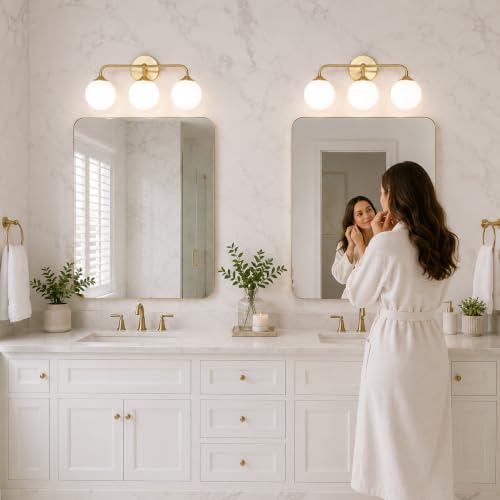 Modern Brushed Gold 3-Lights Vanity Light Fixtures with Milky White Glass Ball Shades, Mid Century Brass Wall Sconce Lighting Fixtures over Mirror, Wall Sconces for Bathroom Dressing Table Bedroom - image 8