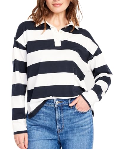 Kmbangi Women Striped Long Sleeve Tee Top Lapel Collared Polo Shirt Y2K Oversized Color Block Casual Loose Pullover cover