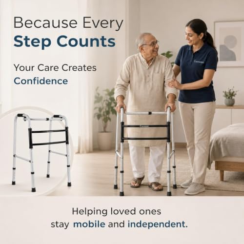 Image of Powder Coating Walker for Senior Citizens | Adjustable Height Adult Walker for Patients | Lightweight & Sturdy Walking Stand for Old People | Foldable Walking Aid for Men & Women - Grey & Black