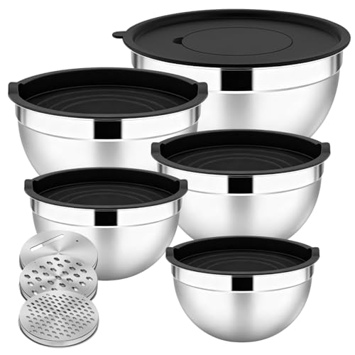 Jomdjmskes 5 Piezas Bol Acero Inoxidable, Cuencos Mezcla con Tapa, Bol Mezclador con 3 Accesorios Moler, Encajables Guardarlos, Ensaladeras Grandes para Hornear, Servir, Picar, Aptos para Lavavajillas