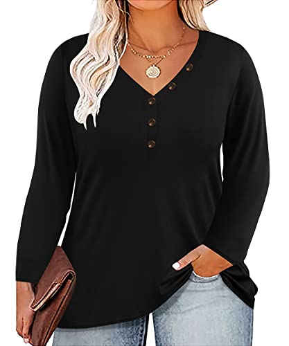 TIYOMI Camisas de talla grande para mujer, tops de manga larga, bloque de color, blusa con estampado de leopardo, túnica de otoño e invierno, XL-5XL, 14W-28W, #9_ F019_ Cuello en V _ Negro, XXX-Large