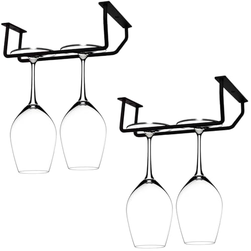 RedDreamer 7 Inch Black Wine Glass Rack, Under Cabinet Wine Glass Holder, Wine Glass Hangers Under Shelf, Stemware Rack, Hanging Stemware Holder for Cabinet Kitchen Bar, Set of 2