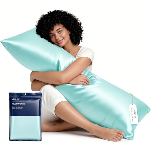 Image of MR&HM Satin Body Pillow Cover, Soft and Breathable Body Pillow Case with Envelope Closure, Cooling and Silky Long Pillowcase for Hair and Skin,Grey (20x54, Turquoise)