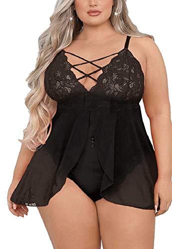 Plus Size Babydoll for Women Double Layer Elastic High Waist Teddy Chemise Comfy Floral Lace Lingerie (2XL, Black, 693e)
