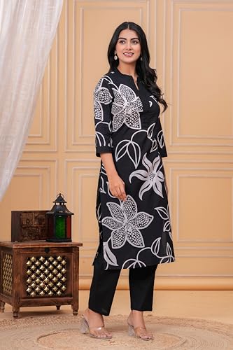 MEERA FAB Women's Pure Cotton Printed Ethnic Wear Straight Kurta Set with Palazzo Pants