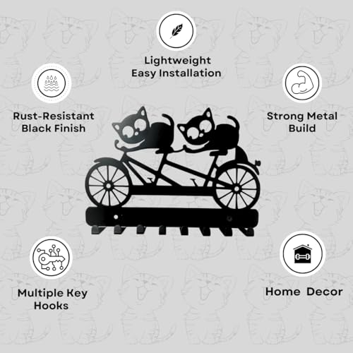 Image of Meet DECOR Metal Cycling Cat Design Key Holder with 8 Hooks | Decorative Wall Mounted Key Rack Organizer | Key Hanger for Entryway, Hallway, Kitchen, Office (25 x 15 cm)