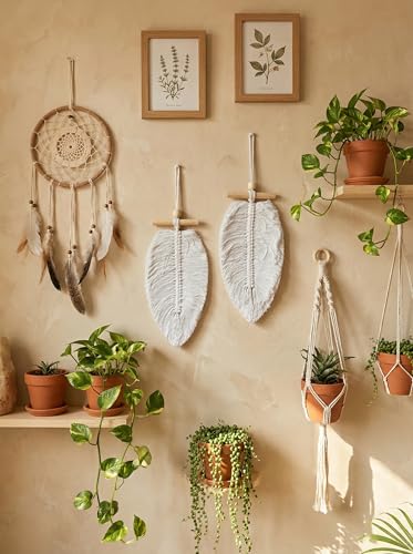 Image of JH Gallery Handmade Macrame Leaf Wall Decor, All Natural Boho Cotton Hanging with Fabric Loop, Boho Chic Accent for Bedroom, Office, Living Room and Home Decor (Pack of 2)