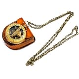 Halskette mit Sonnenuhr-Kompass-Anhänger, Messing, mit Leder-Etui.