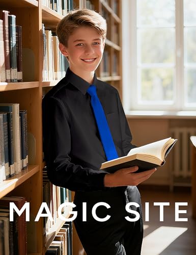 Image of Boys Long Sleeve Button-Down Dress Shirts with Tie: 2 Fabrics (Stretch /Standard) & 2 Fits (Regular /Husky)