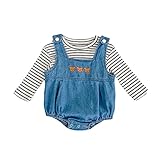ベビー服サロペットデニム春秋服ボディスーツ男の子女の子カバーオール長袖Tシャツ2点セット赤ちゃん七五三バースデー贈り物ブルー90㎝
