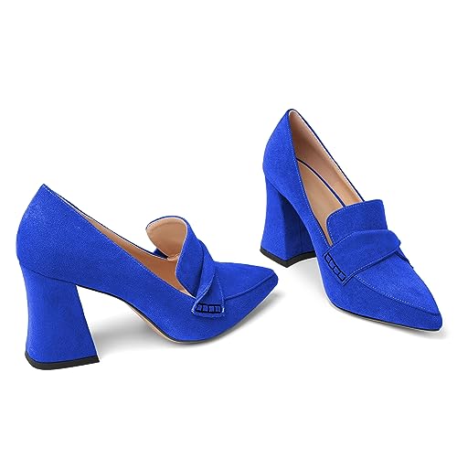 Esvowido Women's High Heel Loafers Block Chunky Heels Slip on Pumps Closed Pointed Toe Comfortable Dress Shoes for Work Office 3.5 Inch3