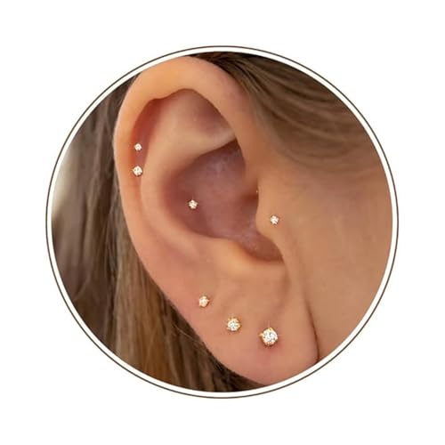 LunarCharm 12 Pieces 16G Tiny CZ Stud Earrings Gold Coloured Flat Back Threadless Cartilage Tragus Piercing Conch Nose Helix Stud Earrings