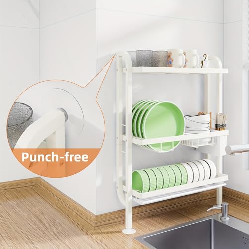 Image of Dish Rack for Worktop, 3-Tier Dish Drainer with Wall Support, No Drilling, Drip Tray & Suction Cups, Cream White.