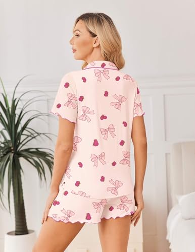 Image of Ekouaer Viscose from Bamboo Women Pajama Sets Button Up Cooling Pjs Short Sleeve Ruffle Sleepwear 2 Piece Lounge Shorts Set