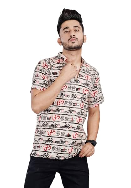 Radhe Collection Men’s Loose Fit Traditional Cotton Om Printed Short T-Shirt for Pooja/Casual/Wedding Rituals