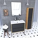 Características de la caja: 80 x 50 x 81 cm. Cajón de MDF y melamina de madera. Patas de aluminio lacado negro mate. Parte frontal de cajones de MDF acabado en negro mate. Se entrega montado. Grosor de las puertas: 18 mm. Parte superior del lavabo blanco de resina con rebosadero. Grifería no incluida. Grosor del lavabo: 4 cm. Características del espejo: espejo con marco y estante de metal lacado negro mate. 0x80 Dimensiones de la columna de almacenamiento: 30 x 35 x 150 cm. Columna colgante de roble marrón con 2 puertas de