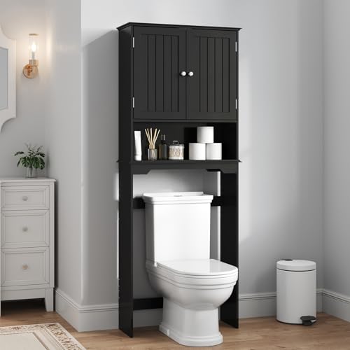 DUMOS Over the Toilet Storage Cabinet Bathroom Storage Cabinet Over Toilets with Double Doors and Adjustable Shelf Freestanding Toilet Rack for Bathroom Black