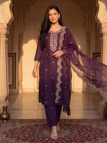 Image of INDO ERA Women's Silk Blend Embroidered Thread Work Kurta & Pant with Dupatta Set | Suit Set For Women