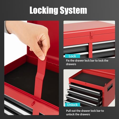 Image of Goplus Tool Chest, 5-Drawer Rolling Tool Storage Cabinet with Detachable Top Tool Box, Liner, Universal Lockable Wheels, Adjustable Shelf, Locking Mechanism, Metal Tool Cart for Garage Workshop