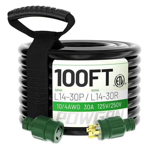 POWGRN 100Feet 30 Amp Generator Extension Cord 4 Prong,Heavy Duty NEMA L14-30P/L14-30R,125/250V 7500W,Black 10 Gauge SJTW Twist Locking Generator to House Power Cords,100ft Generator Accessories Cover