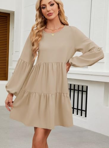Image of QACOHU Falll Dresses for Women 2026 Crew Neck Long Lantern Sleeve Casual Loose Flowy Swing Shift Dress