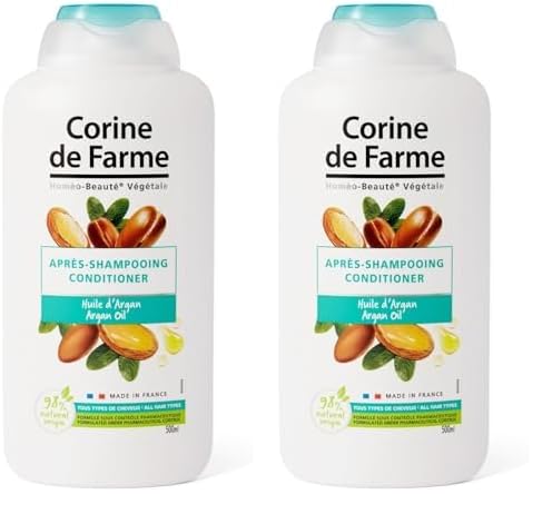 Corine de Farme - Acondicionador Suave con Aceite de Argán 500 ml - para Toda la Familia - Sin Sulfatos Ni Parabenos - Cosmético Natural - Francia - Pieles Sensibles (Paquete de 2)