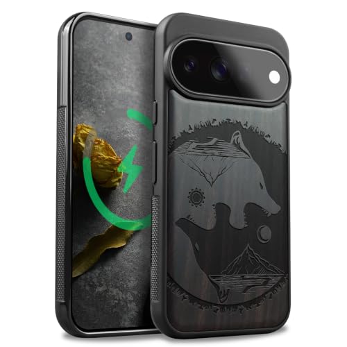 Coque Pixel 11 Pro Magsafe en bois sombre gravé loup Yin-Yang par Carveit