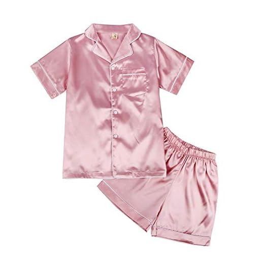 Ensemble de pyjama deux pièces en satin de soie pour bébé fille et garçon, vêtements de nuit, chemisier, haut et short, rose, 4-5 ans