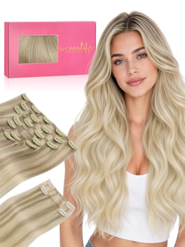 WENNALIFE Clip in Hair Extensions, 150g 18 Inch 9pcs Ash Blonde to Golden Blonde and Platinum Blonde Human Hair Extensions Thicker Clip in Hair Extensions Real Human Hair Clip Set Double Weft