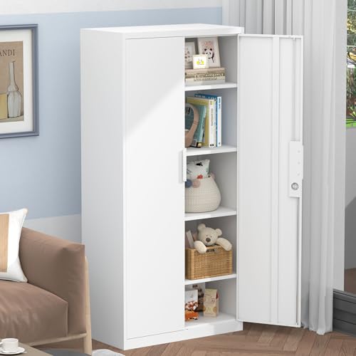 Image of Metal Tall Storage Cabinet, White Storage Cabinets with Doors and Shelves, 72 inch H File Cabinet with 4 Adjustable Shelves, Heavy Duty Locking Cabinet for Home, Office, School