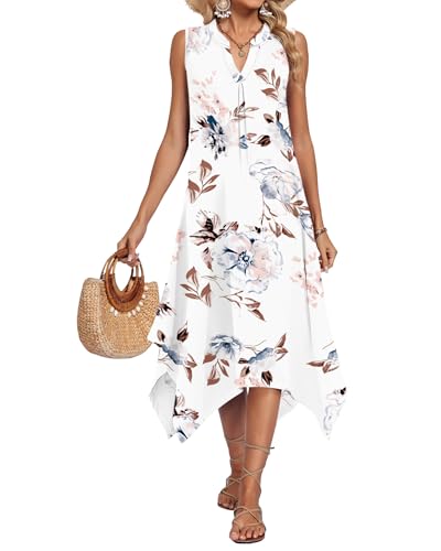 Image of AUSELILY Womens Summer Midi Dress V Neck Sleeveless Casual with Pockets | Flowy womens summer dress with asymmetrical hem, great for beach, vacation and daily wear