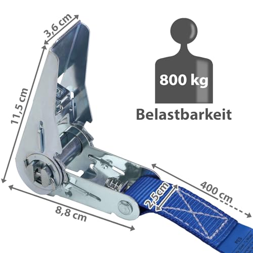 Spanngurt mit Ratsche Zurrgurt 4er Set Ratschengurt DIN EN 12195-2 blau 4 m oder 6 m, 25 mm breit - belastbar bis 800 kg, 4er Pack 2.5 cm x 4 m