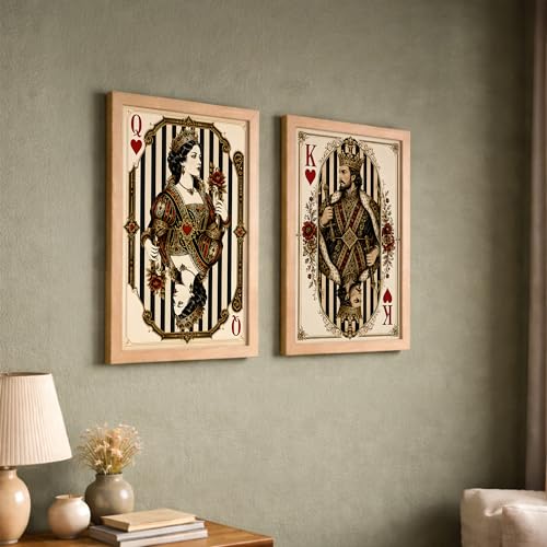 Image of NoWorries Vintage King & Queen of Hearts Playing Card Wall Art Set of 2, Framed Casino Card Prints, Royal Couple Gothic Decor, Poker Room Wall Decor, Antique Victorian Playing Card Artwork for Game Room (Art-11, 17x25inch)