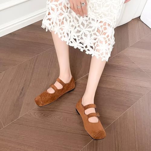 LUXINYU Women Square Toe Mary Jane Flats Comfortable Suede Shoes Double Buckle Straps Low Heel Casual Ballet Dress Moccasin Shoes4