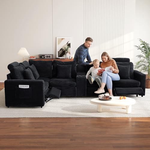 Image of RARZOE Oversized Modular Sectional Sofa with 2 Power Recliner, 5-Seater L-Shaped Corduroy Reclining Sofa with Storage Console Charging Cup Holders, Fluffy Power Reclining Couches for Living Room,Black