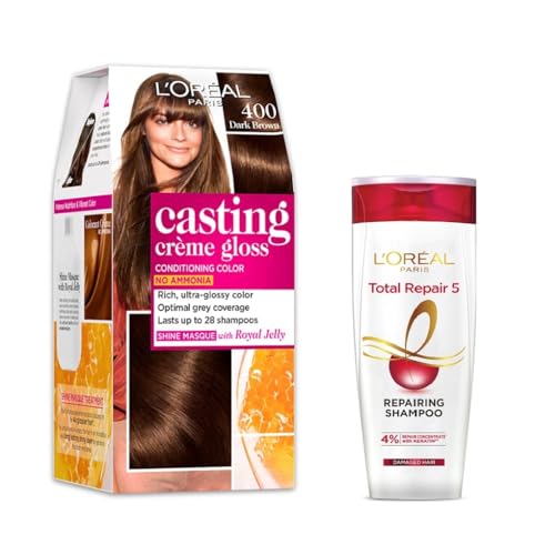 L’Oreal Paris Casting Creme Gloss Hair Color – 400 Dark Brown (87.5g+72ml) + Total Repair 5 Shampoo 82.5ml