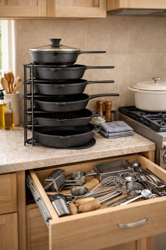 Image of Pan Organizer, Extra Large 5 Tier Shelf - Holds Cast Iron Skillets, Dutch Oven, Griddles Durable Space Saving Kitchen Storage No Assembly Required Black 15.4 Inch, Countertop, Tiered