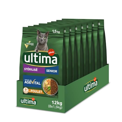 Ultima Croquettes pour Chat Sterilise - 10 Ans avec du Poulet - Pack 8 x 1,5kg