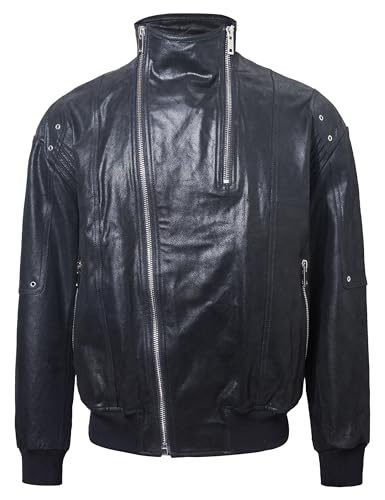 Image of FLAVOR Mens Leather Motorcycle Jacket Real Leather Biker Jacket with Stand Collar